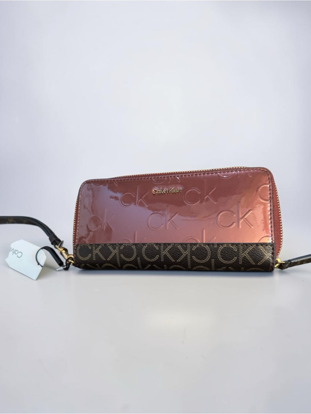 NWT Calvin Klein Zip Around Wallet Brown Rose Pink Embossed CK Logo Wristlet